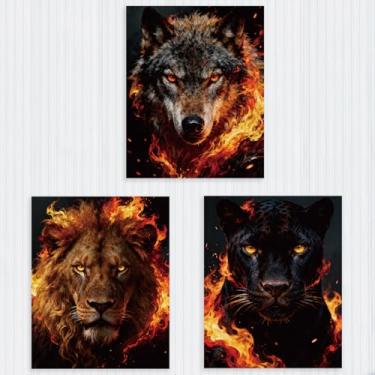 Imagem de 3 peças Retrato de animal com chamas impressão sem moldura pôsteres decoração de parede, arte artística lobo leão leopardo para paredes casa sala de estar banheiro quarto, presentes para amantes de