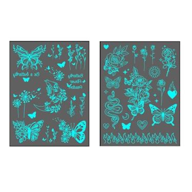 Imagem de Adesivos de tatuagem temporária de borboleta que brilham no escuro (estilo feminino/feminino), pacote com 2 adesivos de asa de borboleta florais azuis que brilham no escuro, à prova d'água, rosto