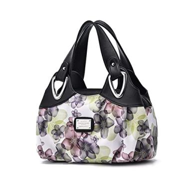 Imagem de NICOLE & DORIS Bolsas femininas modernas elegantes com alça superior para mulheres, bolsas de ombro florais de couro PU, Alça preta/flor verde, Large