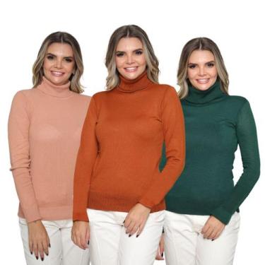 Imagem de Kit 3 Blusas Feminina Tricô Manga Longa Gola Alta Lã Inverno Casual - 
