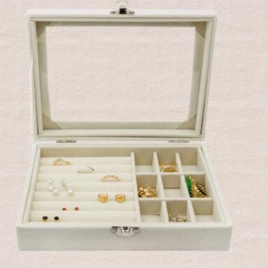 Imagem de Porta Joias Luxo com Tampa de Vidro e Divisórias para Anéis 20x15x5cm Rosa Off white Cinza