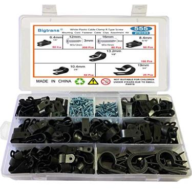 Imagem de Bigtrans 555 peças de clipes de fio tipo R de nylon com parafusos, 1/4" 5/16" 3/8" 1/2" 3/4" Grampos Sortidos para conduítes de cabo - 5 tamanhos - Preto