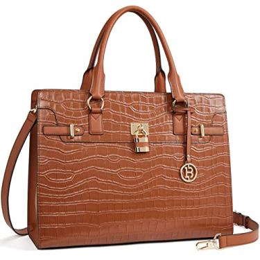 Imagem de BOSTANTEN Bolsa feminina de couro para laptop de 15,6 polegadas vintage fina bolsa de trabalho elegante para advogados, Estampa D de crocodilo marrom, Durável, vintage