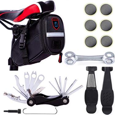 Imagem de YBEKI Kit de reparo de bicicleta 10 em 1 com alavancas de pneu 3 em 1, adesivos sem cola, chave óssea multifuncional e bolsa de selim à prova d'água | Kit compacto de ferramentas de bicicleta para