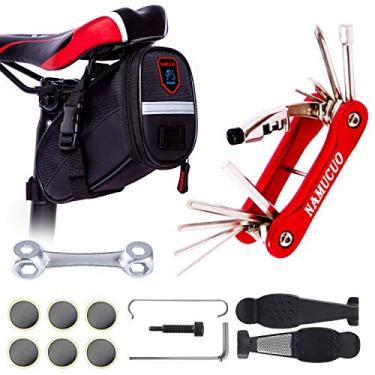 Imagem de YBEKI Kit de reparo de bicicleta 10 em 1 com alavancas de pneu 3 em 1, adesivos sem cola, chave óssea multifuncional e bolsa de selim à prova d'água | Kit compacto de ferramentas de bicicleta para