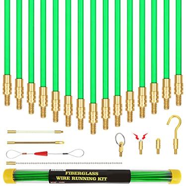 Imagem de Varetas de cabo de fita de peixe de fibra de vidro de 7,5 m, kit de puxar/empurrar fio elétrico com kit de gancho e furo haste de brilho, orifício de gancho, verde