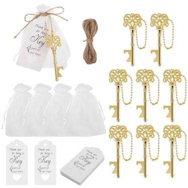 Imagem de 40 peças abridor de garrafas vintage esqueleto chave com sacos de organza, etiquetas de agradecimento, corda de juta e correntes - presentes de casamento perfeitos e lembrancinhas de chá de bebê para convidados (ouro)