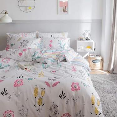 Imagem de Jogo de cama com estampa floral de pássaros, estampa floral, estilo jardim, de algodão, reversível, listrado, conjunto de capa de edredom para quarto de crianças adolescentes