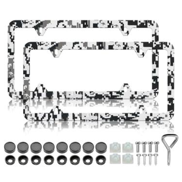 Imagem de Moldura de placa de licença de camuflagem de mosaico - 2 peças de suporte de placa de licença de camuflagem de mosaico preto e cinza frio, peças automotivas à prova de ferrugem, decoração de capa de