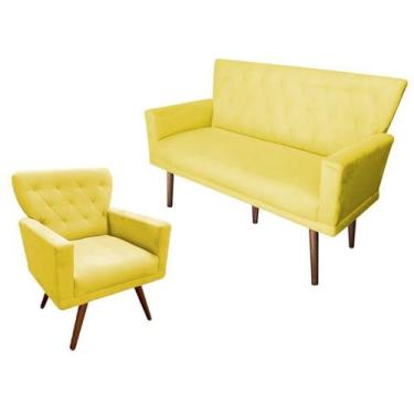 Imagem de Kit Namoradeira + 1 Poltrona Decorativa Aurora Suede Amarelo Pés Madei
