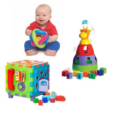 Imagem de Kit 3 Binquedos Educativos Cubo Grande + Girafa + Bola Bebê