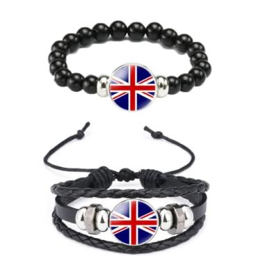 Imagem de Ykonuyis Pulseira de corda elástica de metal com contas pretas e pulseira de corda trançada de couro de liga para homens e mulheres apoia o seu país, Medium, Zinco, Vidro