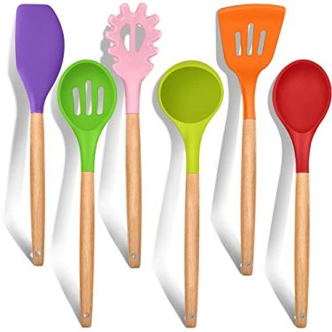 Imagem de E-far Conjunto de Utensílios de Cozinha com 6, Utensílios de Cozinha de Silicone com Cabo de Madeira, Adequados para Panelas Antiaderentes, Inclui Espátula/Concha/Espátula com Fend (6 Peças)