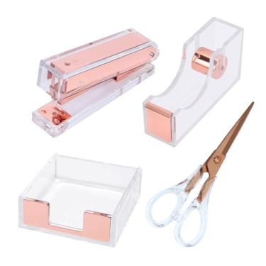 Imagem de Buqoo Conjunto de grampeador e dispensador de fita de acrílico para material de escritório, suporte de fita de núcleo de 2,5 cm, tesoura de tecido de 15 cm, suporte para notas adesivas, grampeador de