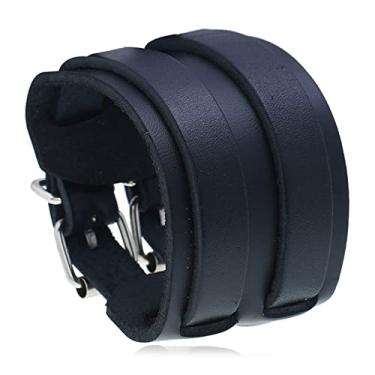 Imagem de Heavstjer Pulseira de couro larga com fivela de cinto Punk Rock, Metal, Sem pedras preciosas