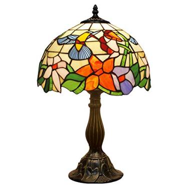 Imagem de Abajur de mesa de cabeceira estilo Tiffany lâmpada de vidro vitral beija-flor luz de le...