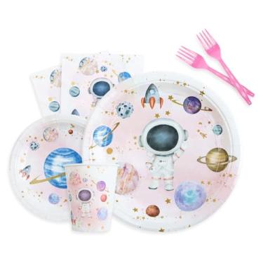Imagem de Decorações de festa espacial – Conjunto de utensílios de mesa para festa de aniversário com tema de espaço rosa inclui pratos, guardanapos, copos, garfos, suprimentos de design de astronauta galáxia