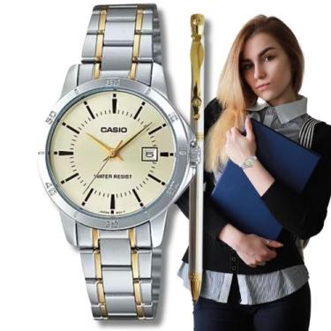 Imagem de Kit Relógio Casio Feminino Redondo Analógico Casual Prata e Dourado LT