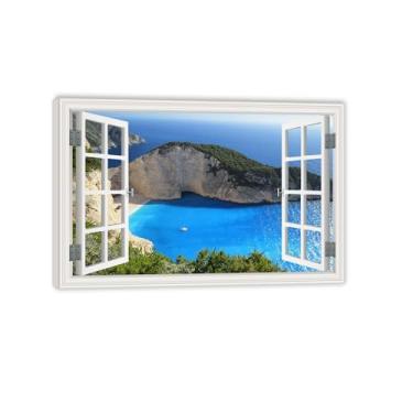 Imagem de Impressão em tela arte de parede vista de janela azul praia Cliff Bay paisagem natureza realismo paisagem cênica colorida multicolorida sala de estar decoração de parede 20x30 cm (8x12") emoldurado