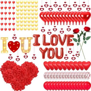 Imagem de Conjunto de 2 luzes vermelhas para decoração de Dia dos Namorados I LOVE YOU - 3300 peças de pétalas de rosa artificiais vermelhas, 48 peças, vela de LED sem chama, tealight, balões de folha de