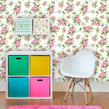 Imagem de Papel de Parede Floral com Fundo Branco e Rosas - Inove Papéis de Pare