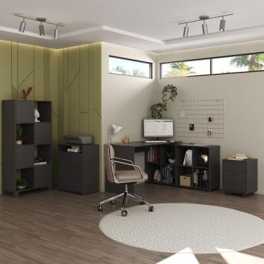 Imagem de Conjunto Completo 4 Itens Com Escrivaninha Espaçosa Em L Gaveteiro 3 Gavetas Armário E Balcão Preto