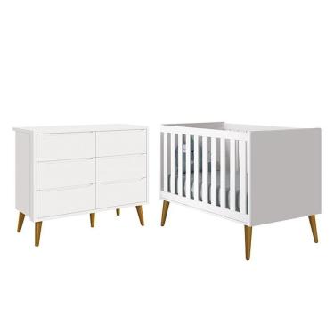 Imagem de Jogo De Quarto Infantil Theo Cômoda 6 Gavetas E Berço Branco Fosco Com Pés Amadeirado - Reller Móveis Branco Fosco