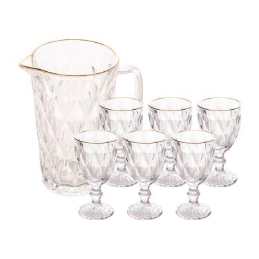 Imagem de Jogo Jarra 1l Diamond Com 6 Taças De Vidro 325ml Fio De Ouro Borda Dourada água Suco Lyor