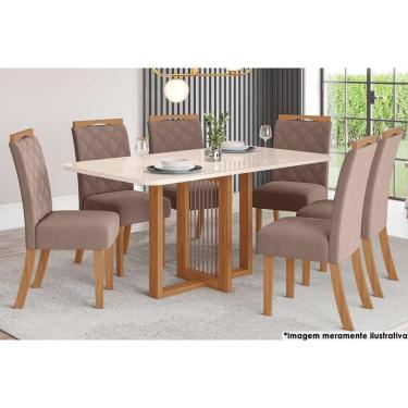 Imagem de Sala De Jantar Natali Com Tampo Madeirado Com Vidro Curvo 160x90cm E 6 Cadeiras Bella Nature Marrom Amêndoa