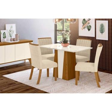 Imagem de Conjunto Mesa De Cozinha Orus Tampo Madeirado Com Vidro 120x80cm E 4 Cadeiras Tauá Nature Linho Henn