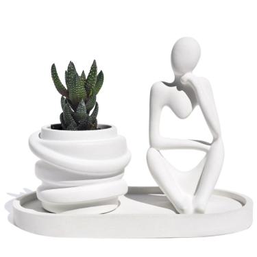 Imagem de Conjunto Decorativo 3 Peças Estátua Pensadora Vaso Saturno Bandeja Branco