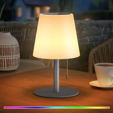 Imagem de uuffoo Candeeiro de mesa solar sem fio recarregável ao ar livre lâmpadas de mesa solares brancas quentes cores RGB resistentes à água para quintal, pátio, luz de mesa de terraço para uso doméstico