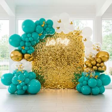 Imagem de Kit de guirlanda de balões azul-petróleo – Kit de arco de balão com borboleta dourada, kit de guirlanda de balões turquesa para aniversário, formatura, casamento, chá de bebê, festa de noivado