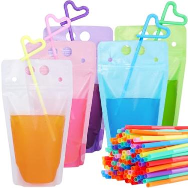 Imagem de Teenitor 100 unidades de saquinhos para bebidas, saquinhos para bebidas alcoólicas para adultos, saquinhos de suco coloridos com canudos, bolsas para bebidas para adultos, sacos de bebidas para sucos