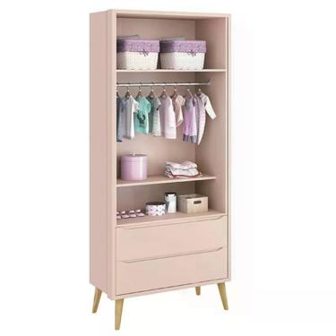 Imagem de Dormitório Theo 2 Portas, Cômoda com Porta com Pés Madeira Natural e Colchão D18 - Reller Móveis Rosa