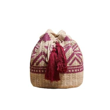 Imagem de SHAREYOIU Bolsa feminina Boho Bucket de tecido de palha bolsa de praia de ombro com cores doces, roxo
