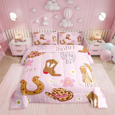 Imagem de Erosebridal Conjunto de cama solteiro, chapéu de vaqueira, estampa de leopardo rosa, edredom para meninas e adolescentes, edredom de ferradura ocidental, flor descolada, decoração de quarto, 1 fronha