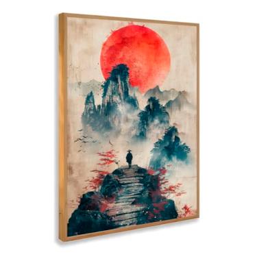 Imagem de Quadro Decorativo Sol Nascente Oriental Com Moldura Arte Japonesa Caminho Montanha Névoa Vermelho Natureza Estilo Zen Pintura Tradicional