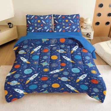 Imagem de Jogo de cama casal para meninos – Conjunto de edredom completo com 5 peças, foguete e planeta galáxia, lavável na máquina, durável – ideia de presente para quarto de meninos e meninas