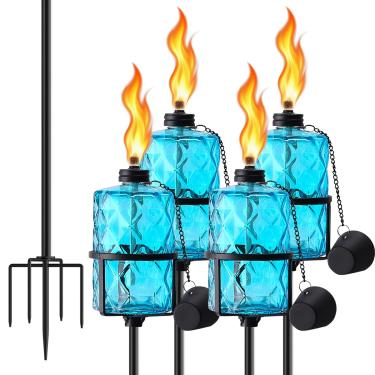 Imagem de SNOGSWOG Conjunto de 4 tochas de citronela de vidro, tocha de jardim externo de 340 g com estaca aterrada de 5 pinos, tocha de vidro de 140 cm para decoração de casa, tochas externas para quintal
