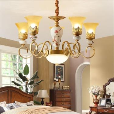 Imagem de OUFULA Luxo Europeu Lustre LED Americana Retro Cerâmica Sala de Estar Restaurante Quarto de Estudo Hotel Villa Café Lâmpada Pendente (J 5 Luzes)