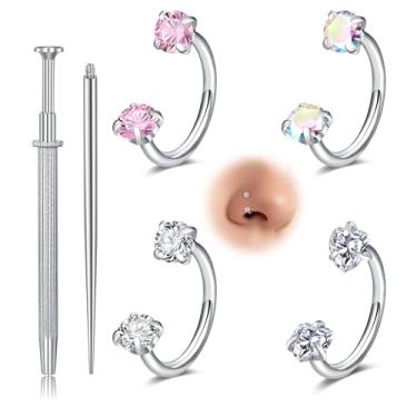 Imagem de Longita Anel de nariz em ferradura para mulheres, anel de nariz de sapato de cavalo com pedra dupla, 18 g, aço cirúrgico, prata, cartilagem, hélice, tragus, brincos, argolas, labret, piercing labial