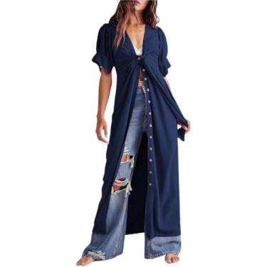 Imagem de Mulheres Vestido Casual Botões Manga Curta Dividir Verão Vestidos Longos Baggy Cor Sólida Decote V, Dark Blue, XL