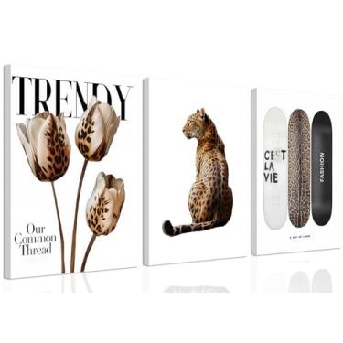 Imagem de Conjunto de 3 arte de parede em tela de leopardo moderno com estampa de guepardo, decoração de parede de skate moderno moderno para quarto de meninas, quarto, apartamento, dormitório, decoração