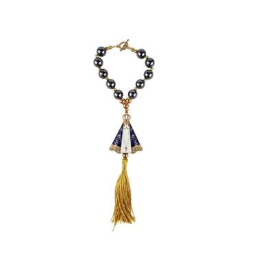 Imagem de Terço Dezena Retrovisor Carro Nossa Senhora Aparecida Acessórios Bolsa Mochila Oratório (1, 1 NS Aparecida - Hematita - Branca)