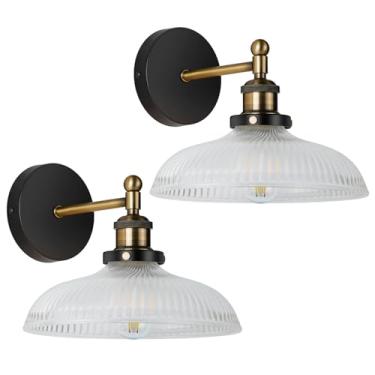 Imagem de Arandelas de parede vintage conjunto de 2 luminárias internas de 110 V com fio de vidro listrado para banheiro vaidade cozinha corredor escada, acabamento em bronze escovado antiferrugem, base E26, WS