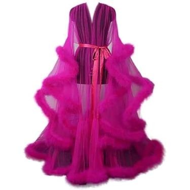 Imagem de Mulheres Sexy Lllusion Longo Lingerie Robe Camisola Feather Robe Fur Trim Robe Camisola Roupão De Banho Sleepwear Feather Nupcial Robe Vestido De Noiva, D, One Size