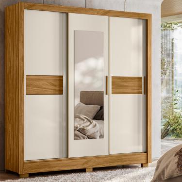 Imagem de Guarda-Roupa com Porta de Correr Espelho 202x212cm Bahamas Moval Cor:Freijó/Off White