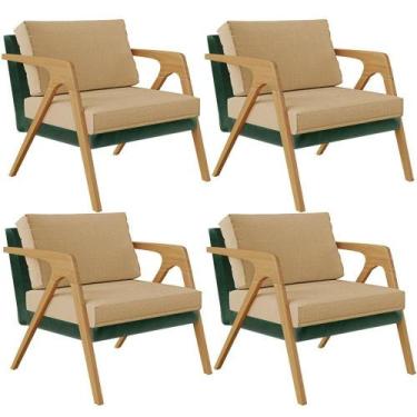 Imagem de Kit 04 Poltronas Facto Verde Musgo Linho Bege Escuro - LYAM DECOR