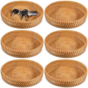 Imagem de Hushee Cesta de 6 chaves redondas pequenas para entrada, cesta de vime de vime, bandeja redonda para organizar chaves, carteira, celular, mesa, servir frutas, alimentos, armazenamento de mesa